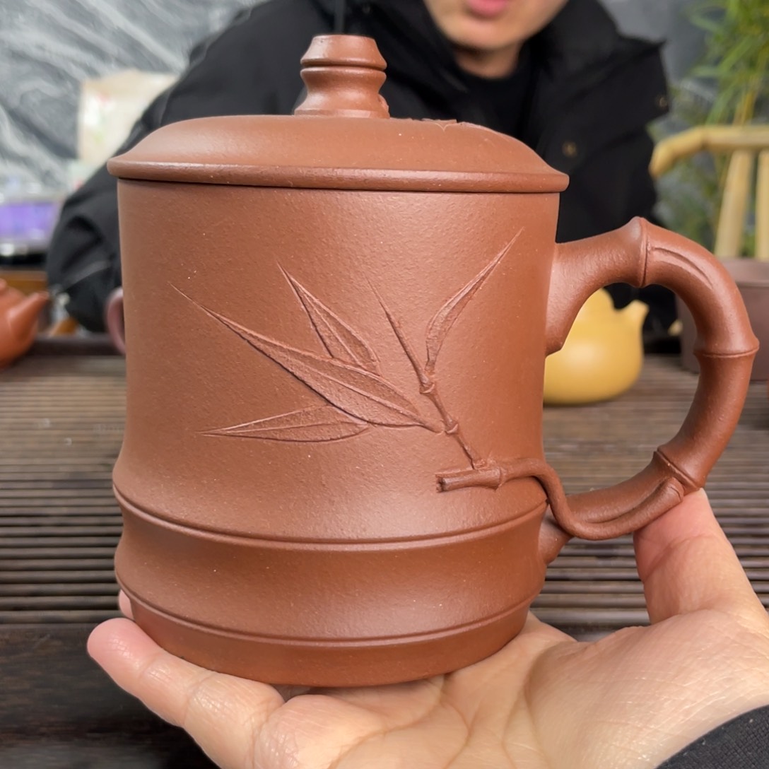 紫砂茶杯底槽清盖杯竹节