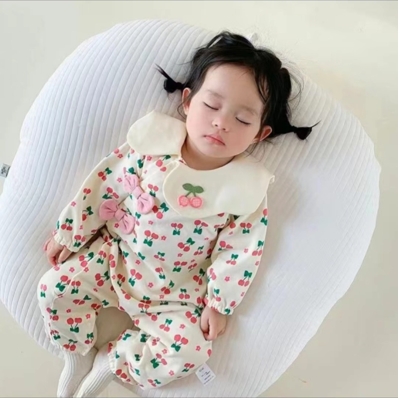 春秋婴儿宝宝连体衣连体新生儿女宝宝樱桃偏襟长袖连体衣宝宝爬爬