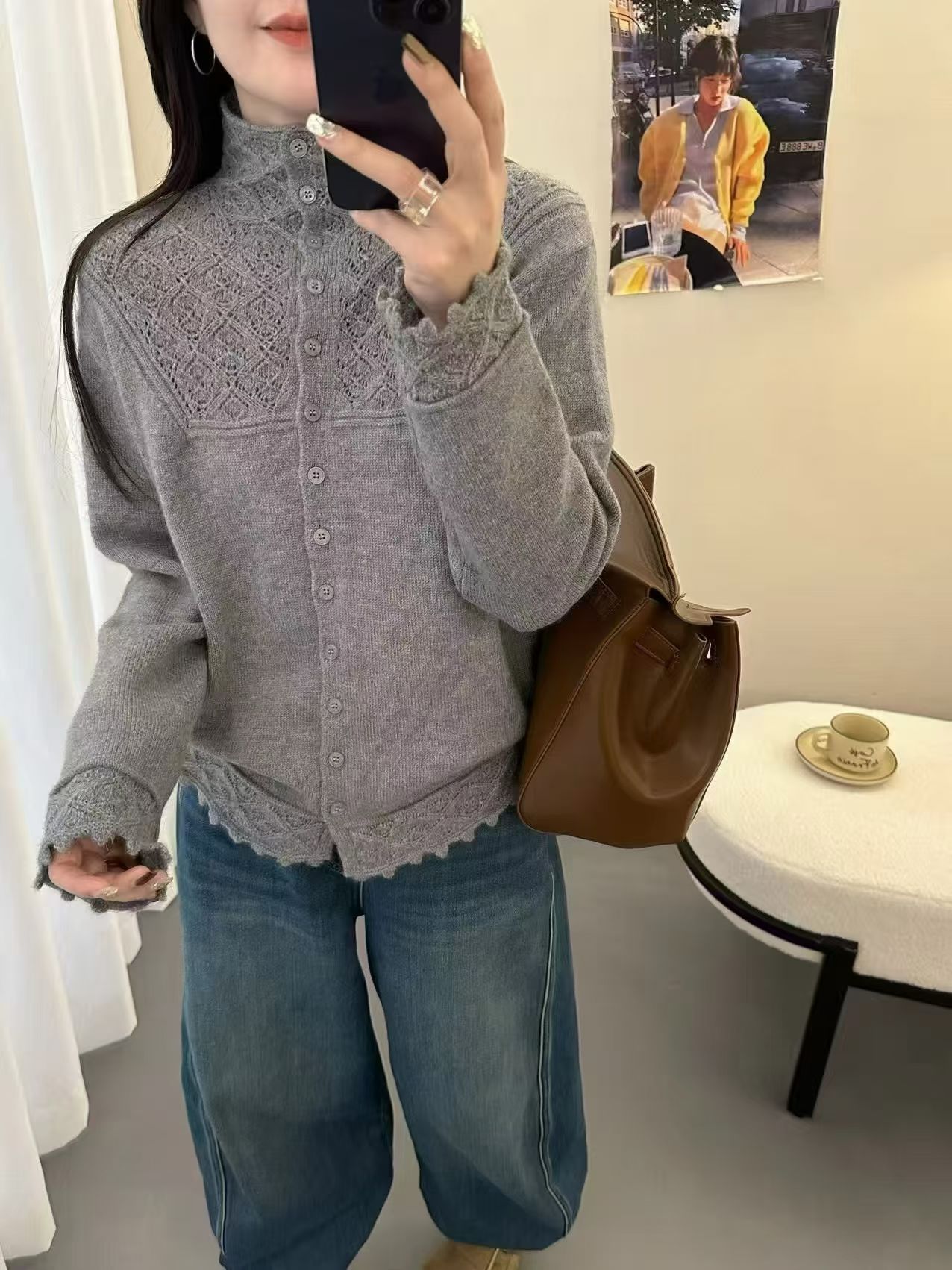 浣熊绒加厚韩系高领蕾丝钩花慵懒风常规针织衫休闲秋冬开衫网红女