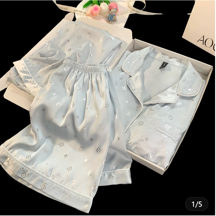 【澳门庄太奢品 】烫金蓝色老花睡衣女带胸垫三件套夏季薄款家居服