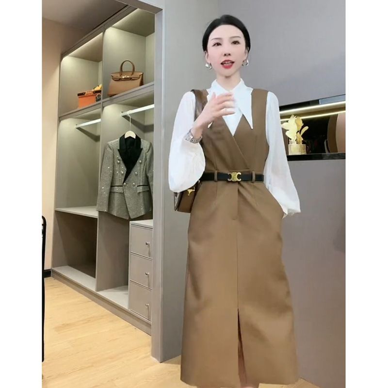 F208231时尚套装女装长袖白色衬衫上衣马甲连衣裙收腰显瘦两件套