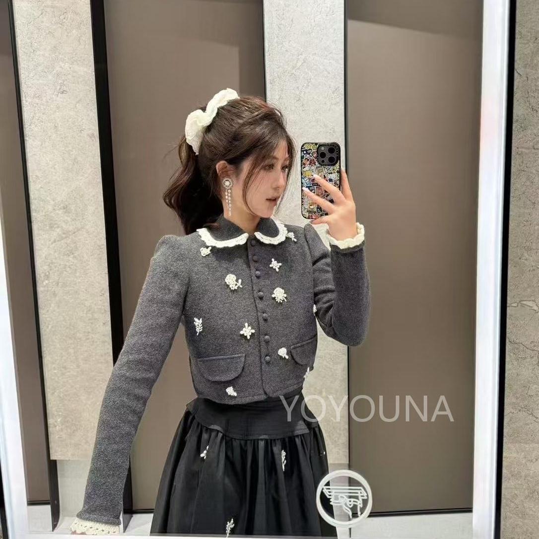（8折）YOYOUNA格雷风miu系灰色娃娃领毛衣2024秋冬新款针织