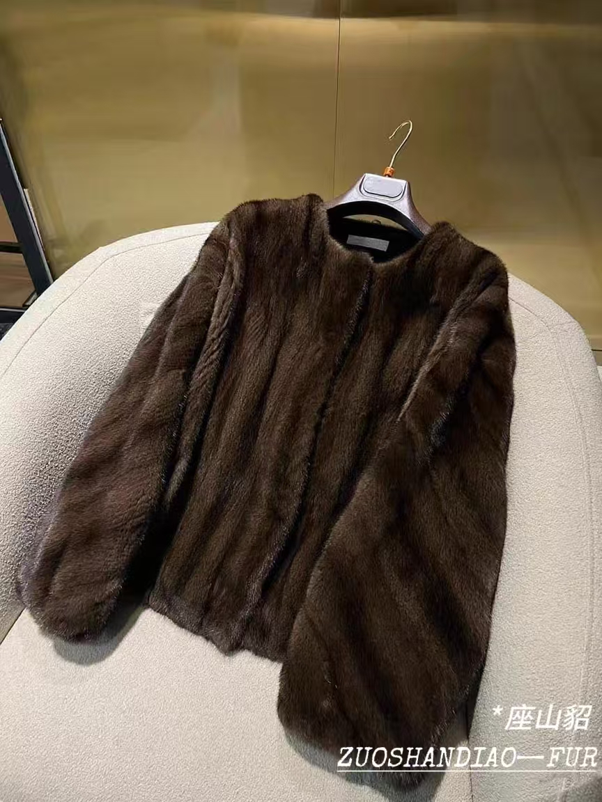 2025新款进口水貂皮草外套女短款圆领咖啡全抽刀女装禅意貂皮大衣