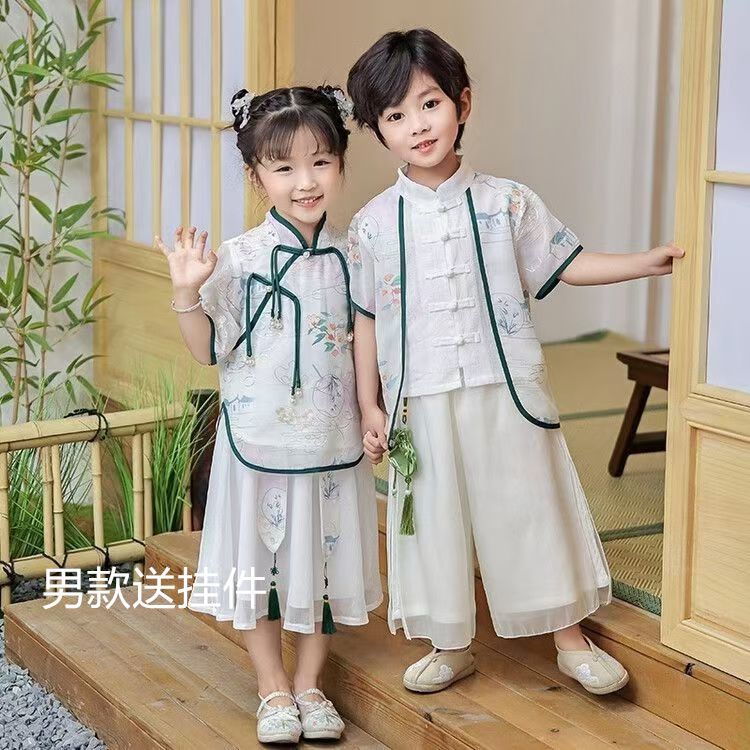 中秋国庆唐装演出服新中式套装国风男女童汉服夏季薄款古风幼儿园