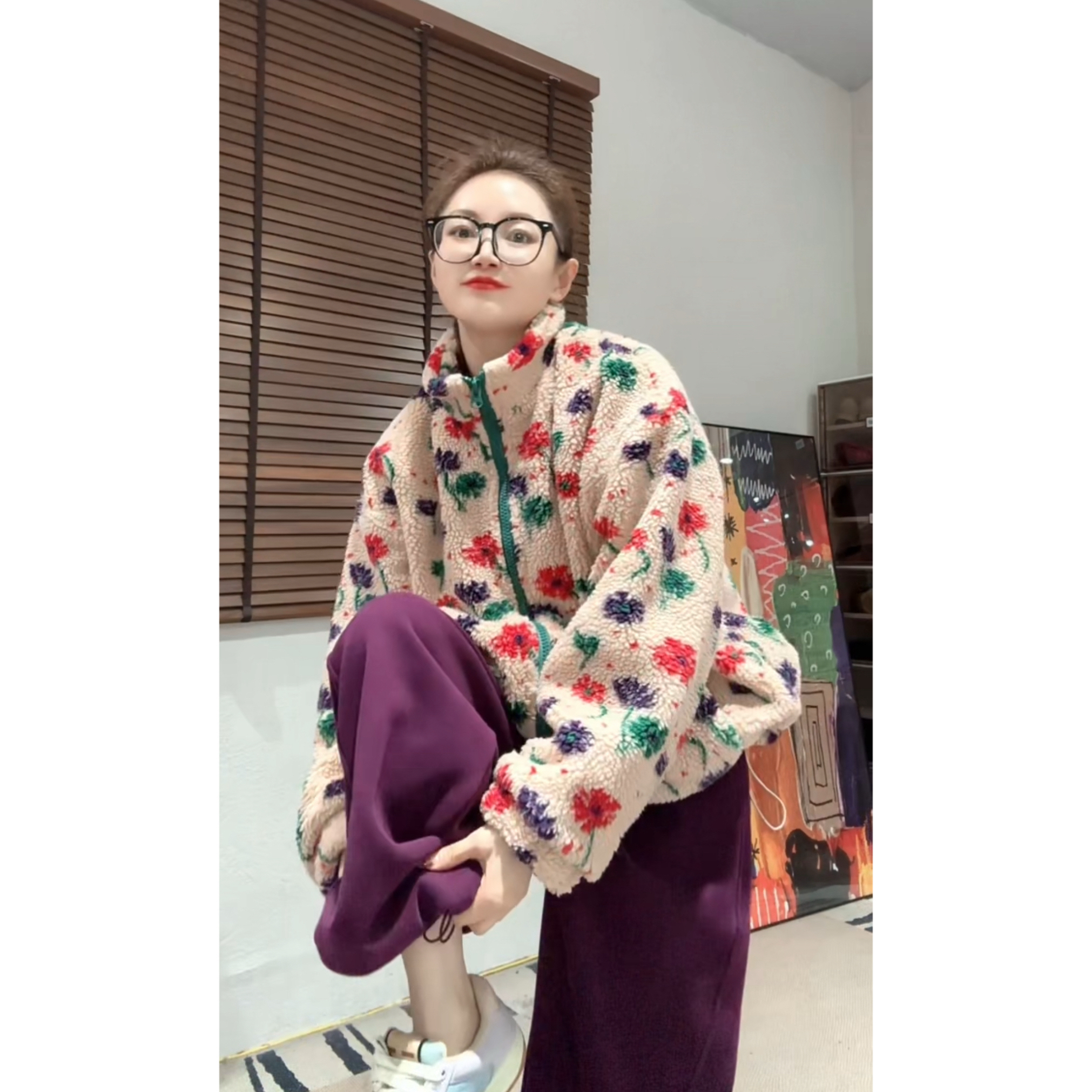 【Z.D清爽花色撞色拉链毛毛外套/韩版宽松百搭减龄