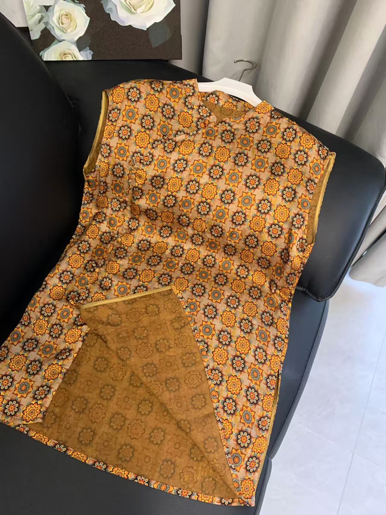 九月  卡其小花-奥黛  新款气质提花人丝香云纱国风连衣裙