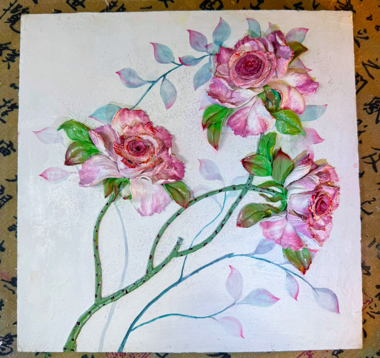 浮雕画玫瑰奶油风装饰画：尺寸30*30