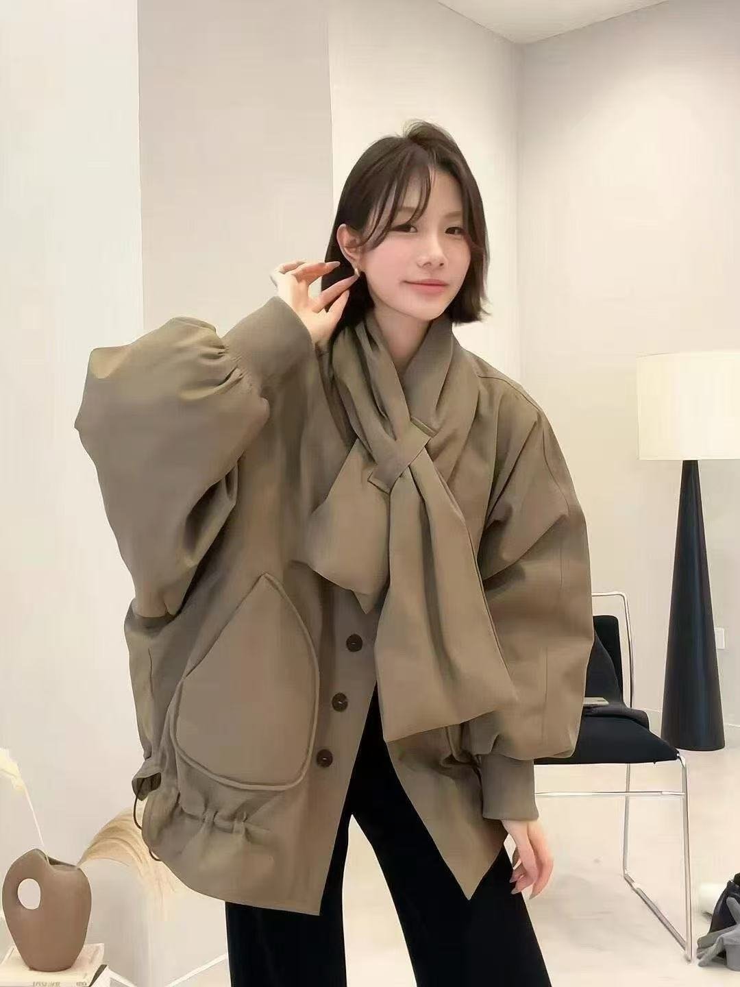 韩系时尚单排扣宽松型围巾羽绒服8899