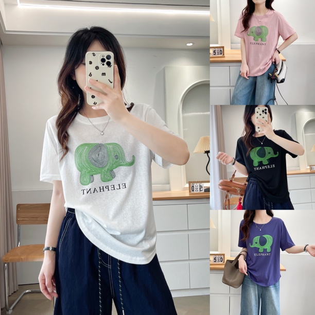 YueBeiLa/月贝拉大码短袖女透气圆领小象印花T恤休闲百搭宽松半袖