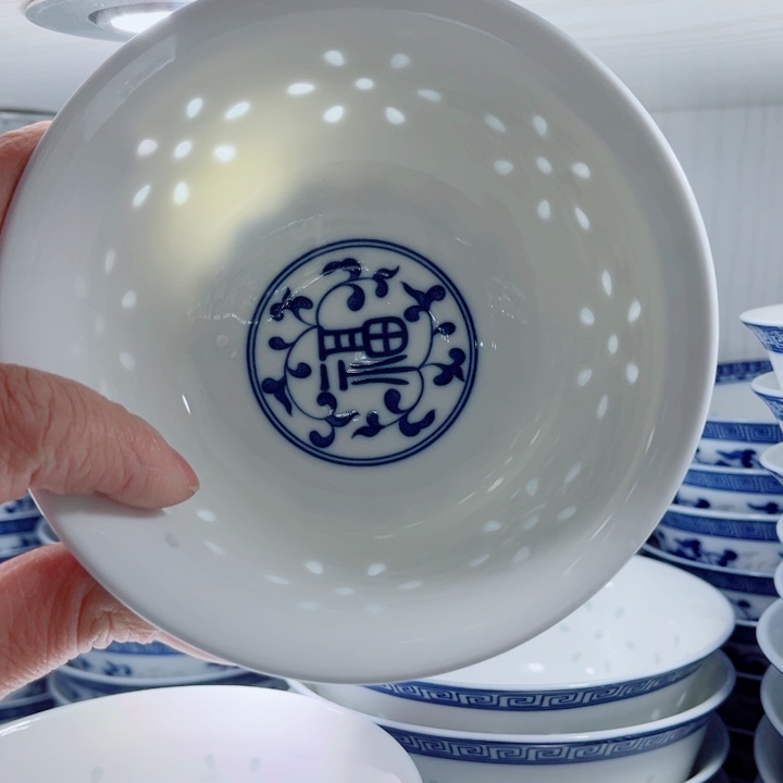 青花玲珑5寸饭碗福字10个用****6