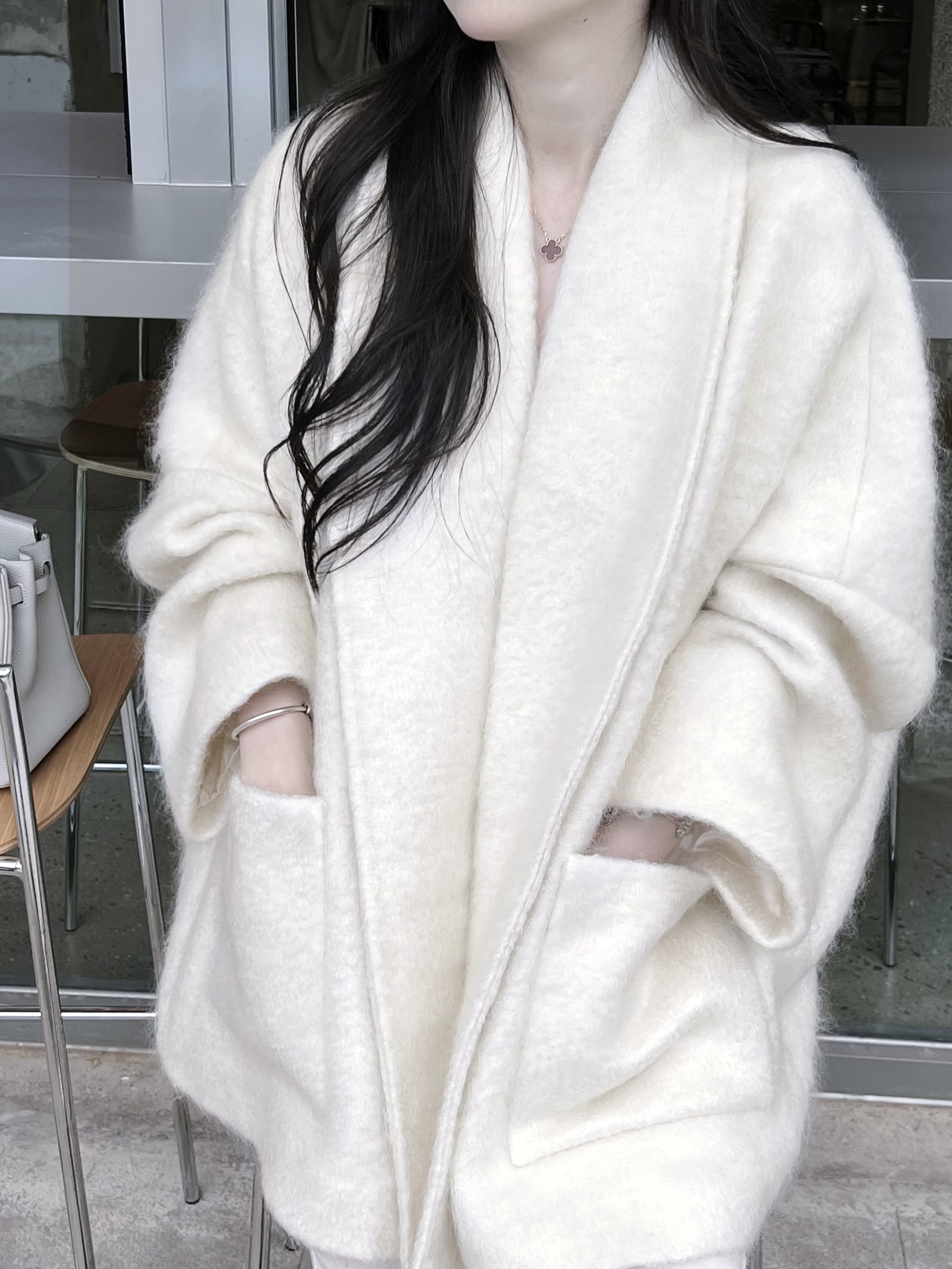 安妮-碎雪冬天马海毛宽松青果领纯色秋冬毛呢外套百搭极简风韩版
