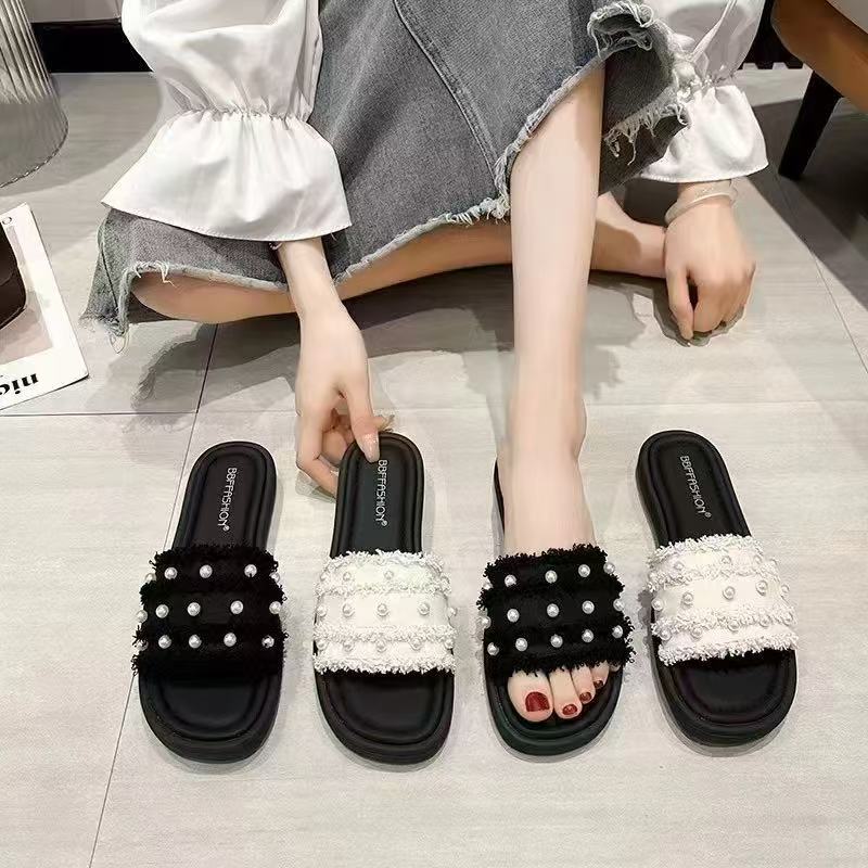 5506#法式小香风钉珠一字平底外穿百搭凉鞋拖鞋