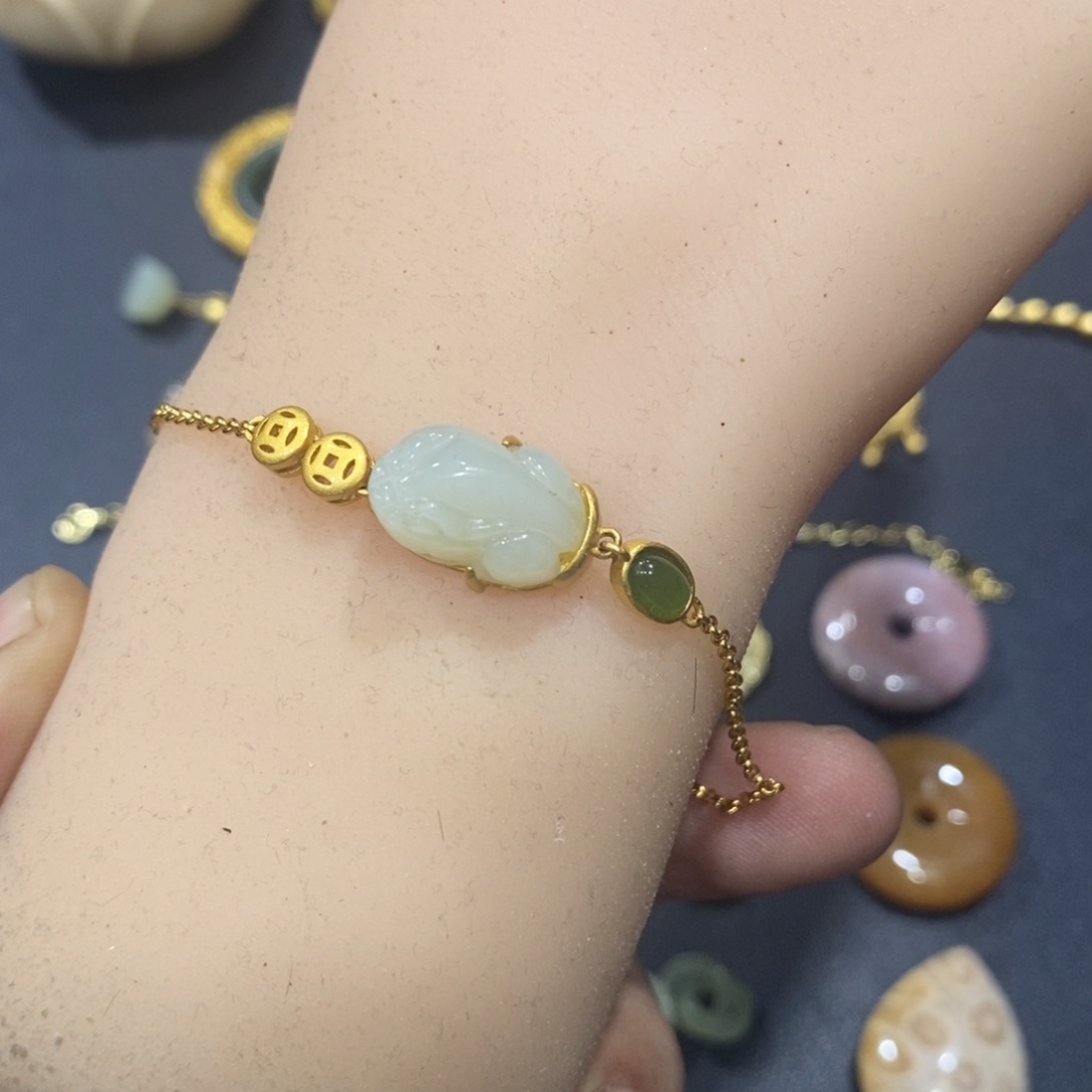 和田玉手链银S925镀金镶嵌