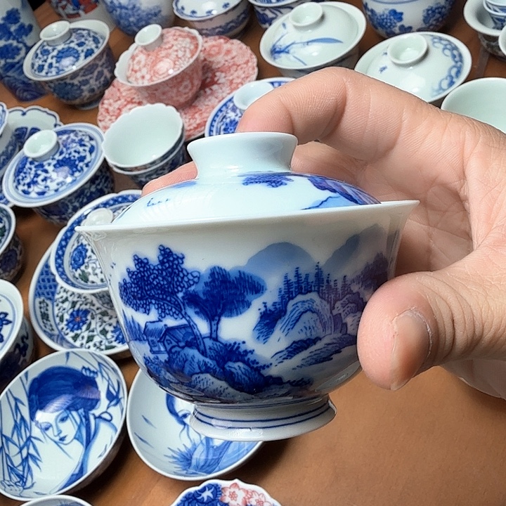 陶手绘山水二才盖碗