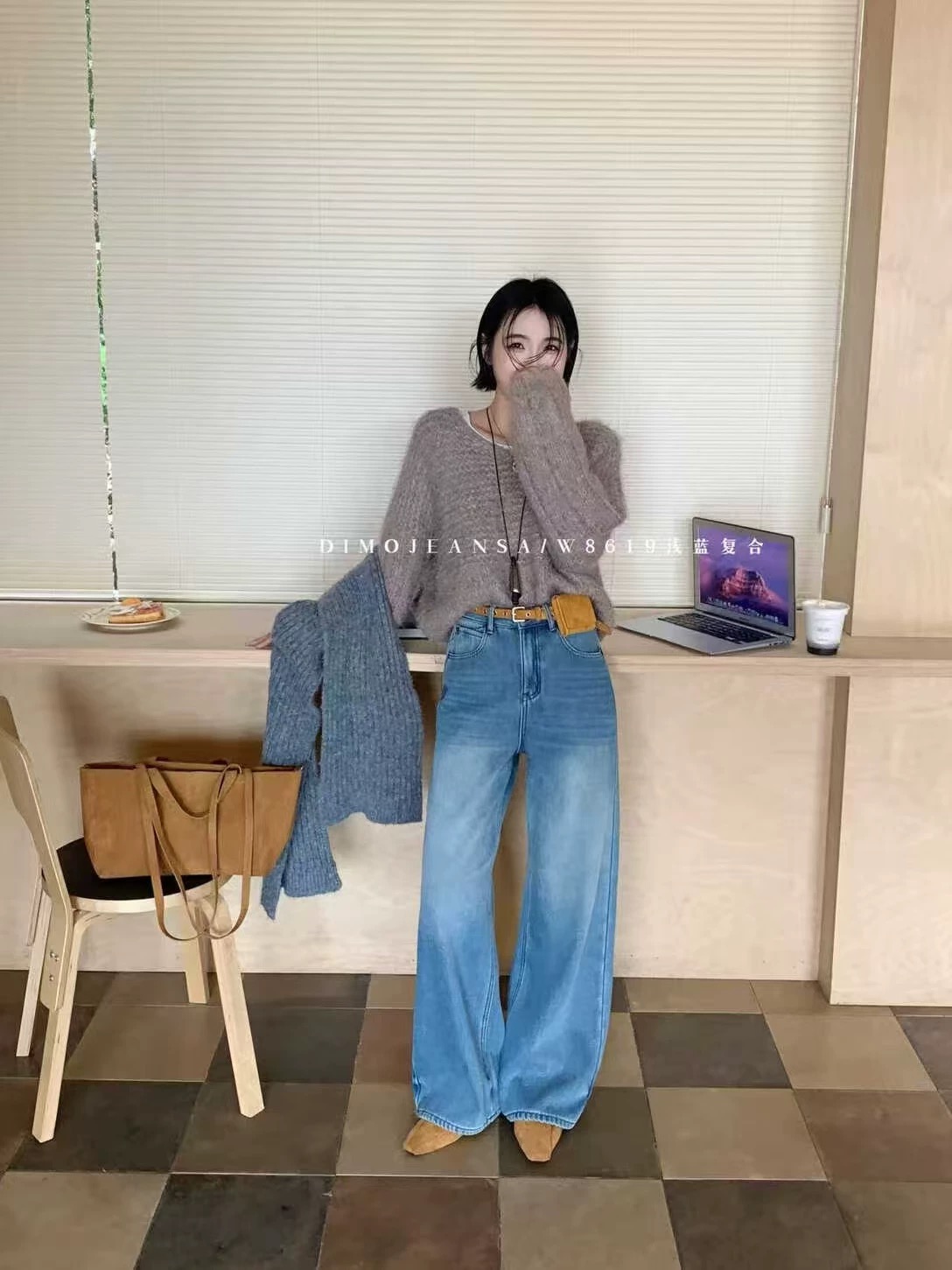 小个子加厚绒窄版阔腿裤蓝色高腰时尚百搭宽松秋冬气质网红