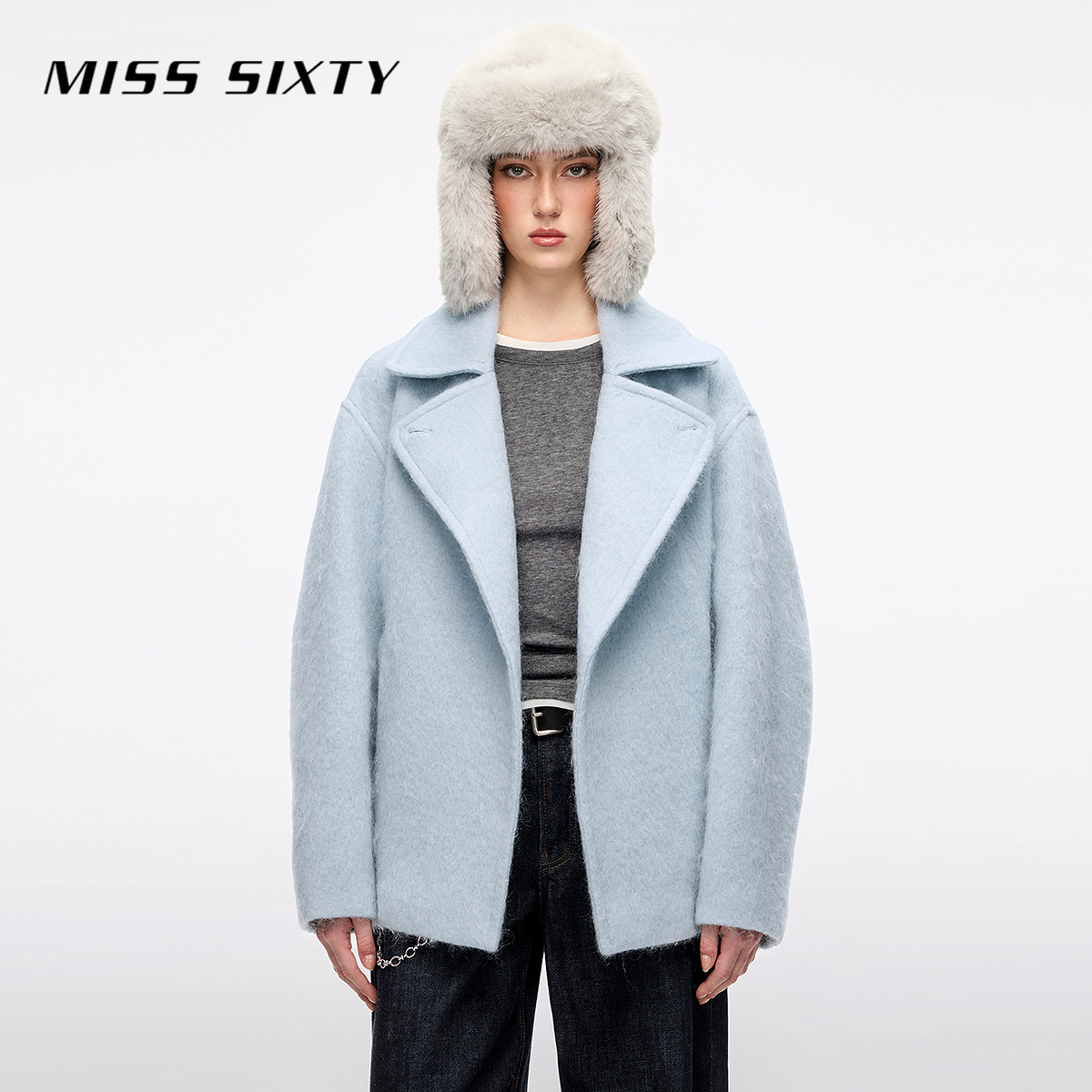 Miss Sixty2025冬季新款呢料外套女羊毛混纺配腰带西装领