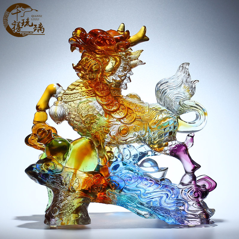 德国琉璃旺财纳福麒麟送子摆件一对新房子客厅新家乔迁礼物酒柜装