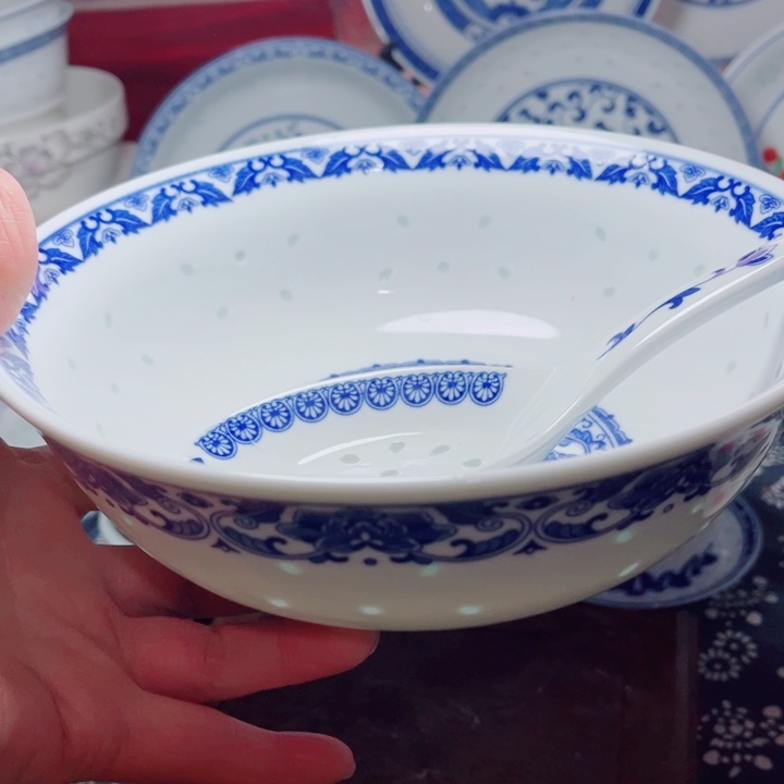 青花玲珑8寸汤碗牡丹花带勺子