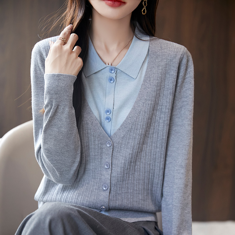 25春季新款女士假两件羊毛开衫【可机洗】气质百搭POLO领长袖针织-1