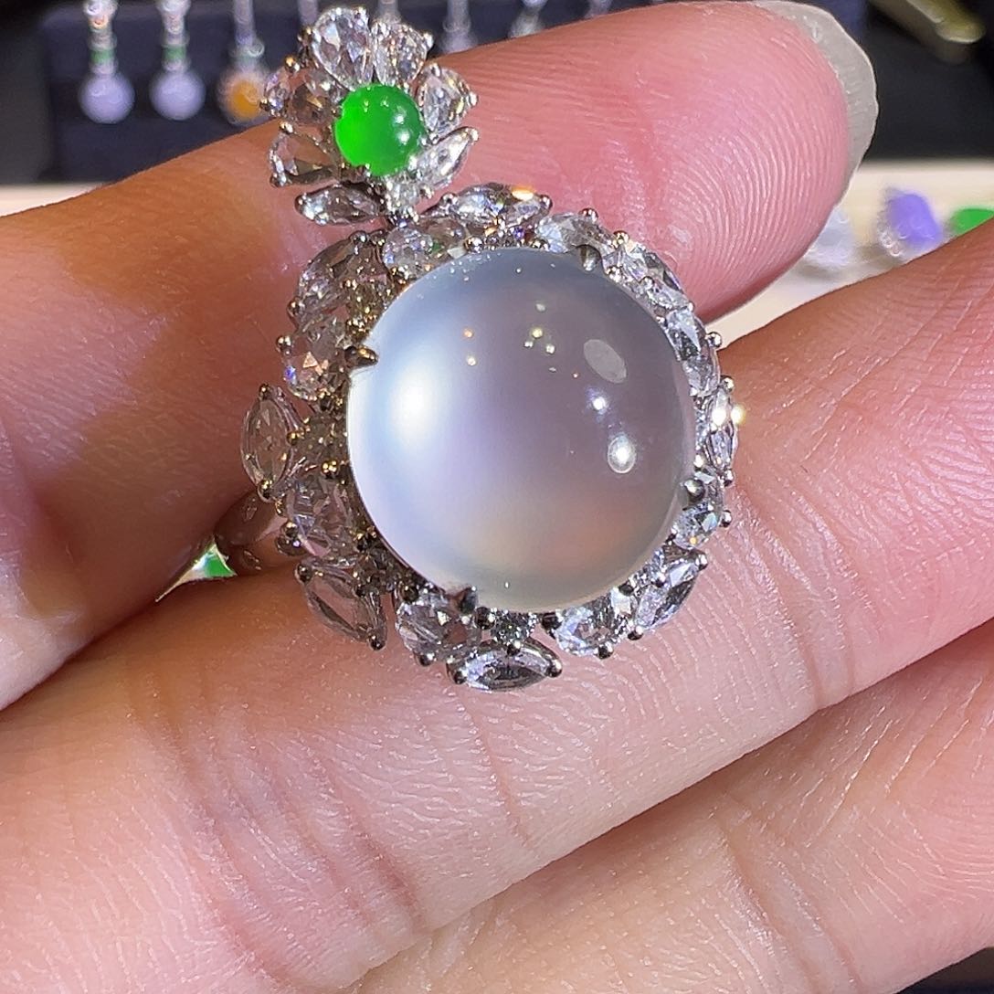 翡翠戒指18K金镶嵌玻璃种钢光蛋面两用款