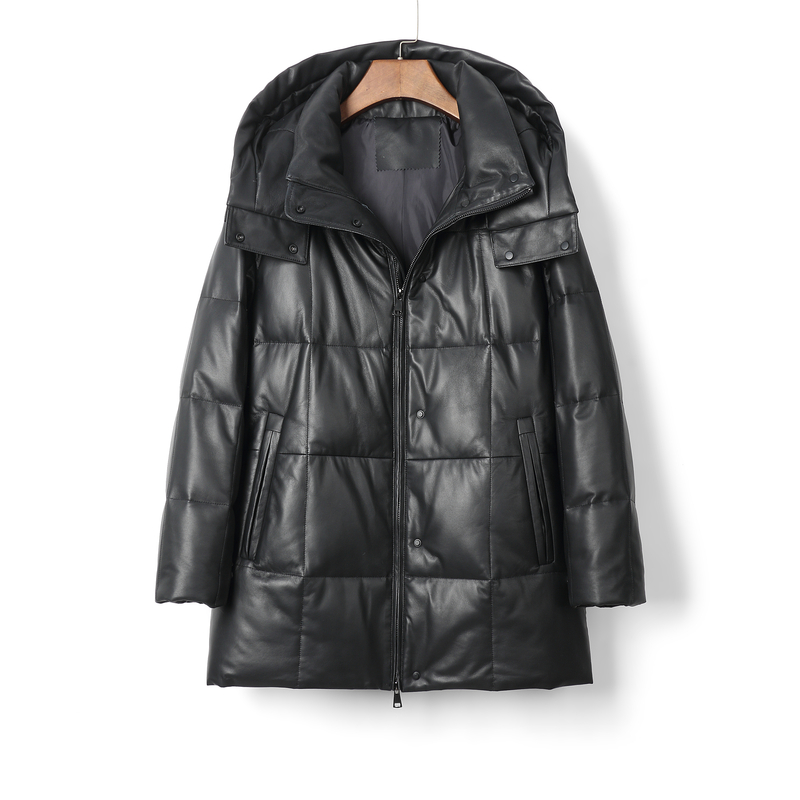 2025年冬新款海宁真皮头层 绵羊皮中长款女士连帽时尚鹅绒服外套