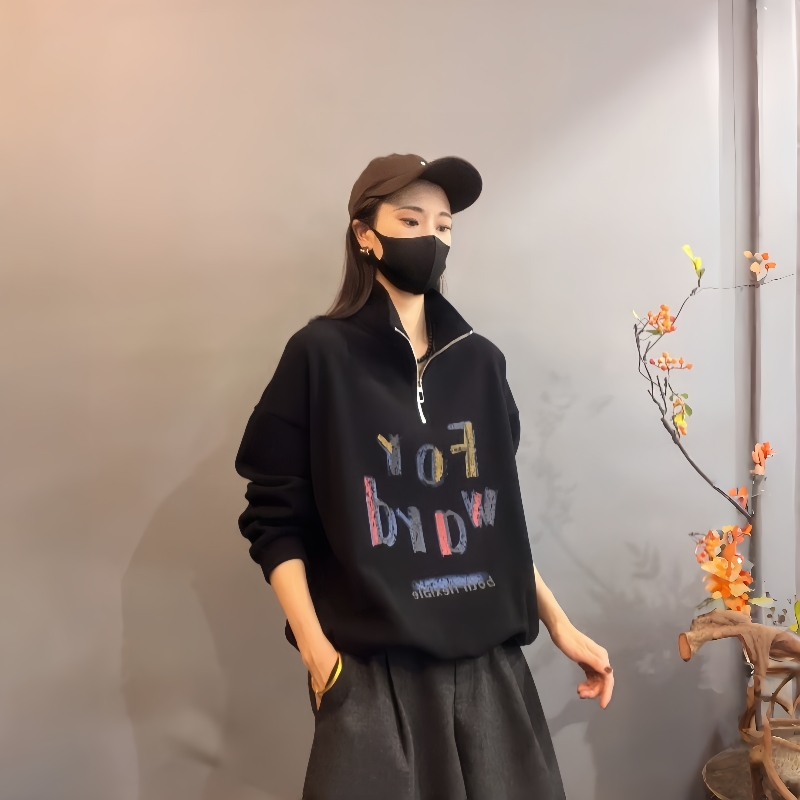 加绒加厚卫衣无帽大码女装高领拉链条纹加厚长袖打底秋冬胖mm宽松