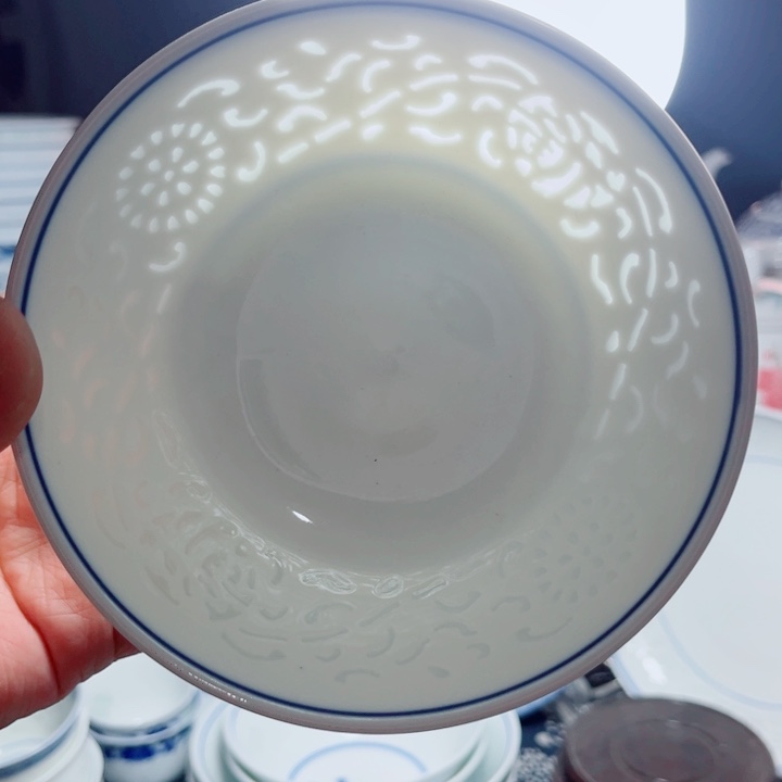 青花玲珑5寸饭碗满雕双福双线
