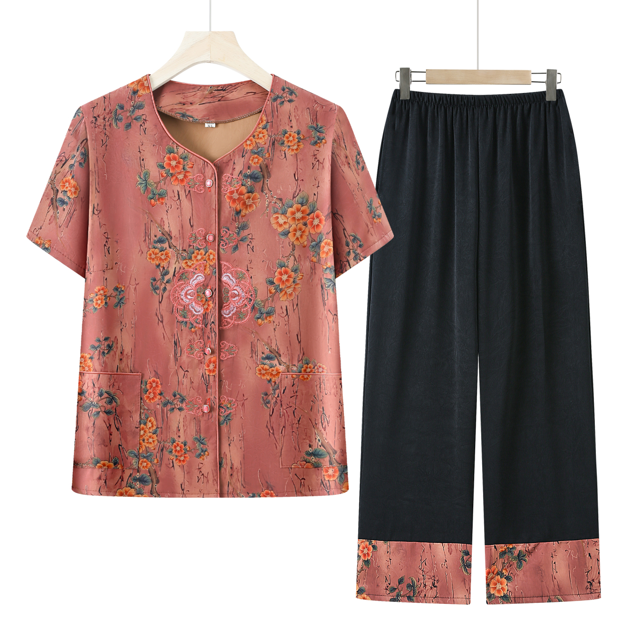 中老年人女妈妈装夏装套装开衫上衣老人衣服夏季衬衫奶奶装两件套