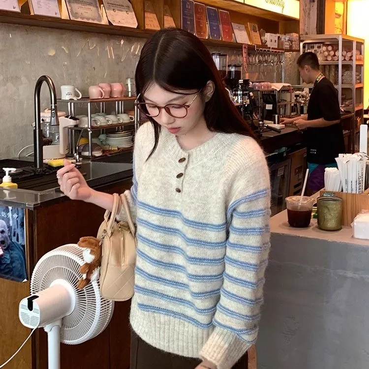 韩版打底撞色慵懒风条纹半开领针织毛衣女2025秋新款百搭软糯上衣