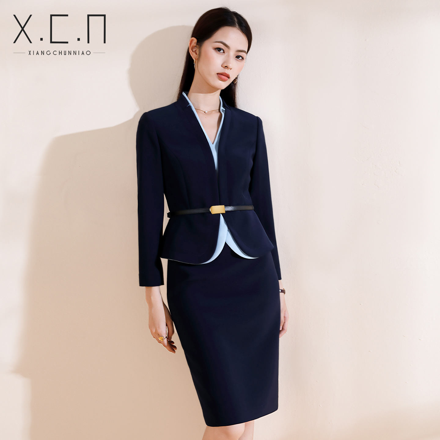 祥春鸟假两件职业西装连衣裙女秋季长袖商务通勤收腰正装XCN910