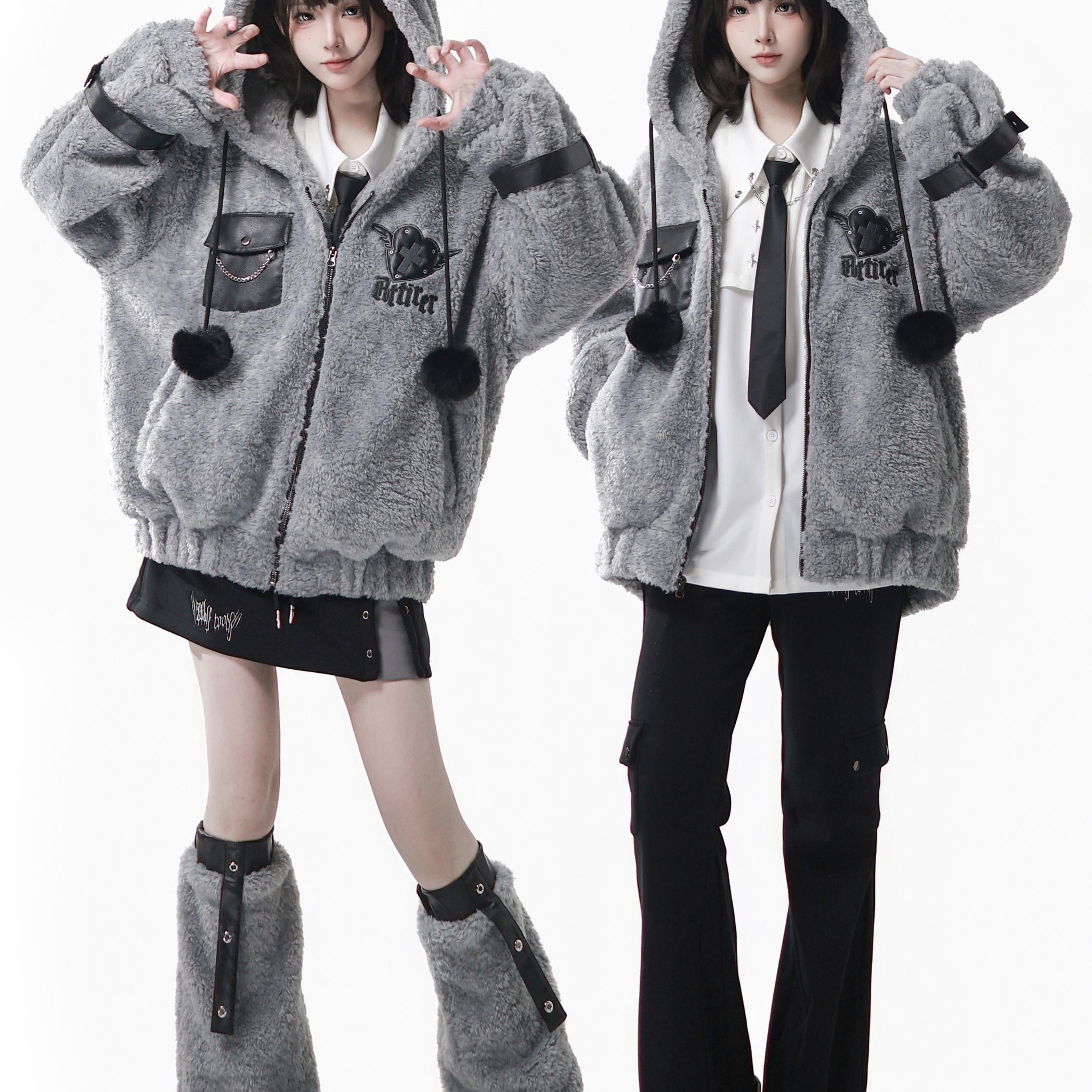 PINKSAVIOR【灰猫摇滚】灰黑冬日软软加厚拼皮女休闲显瘦外套