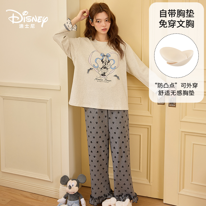Disney迪士尼圆领秋冬女装长袖带胸垫舒适外穿宽松纯棉家居服0194