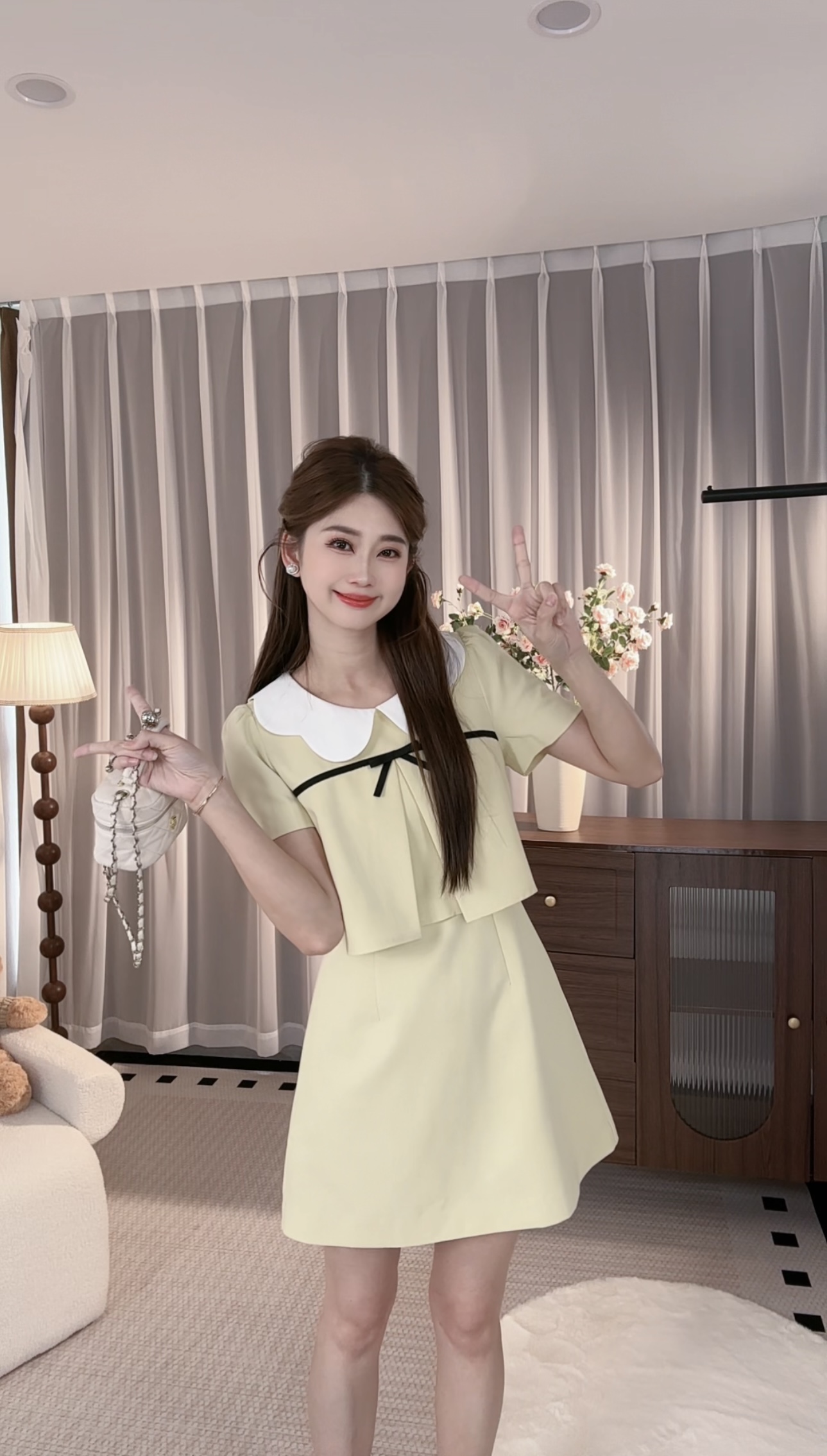 【奶黄包】黄色小香风甜美圆领短袖连衣裙女夏季气质假两件a字短裙