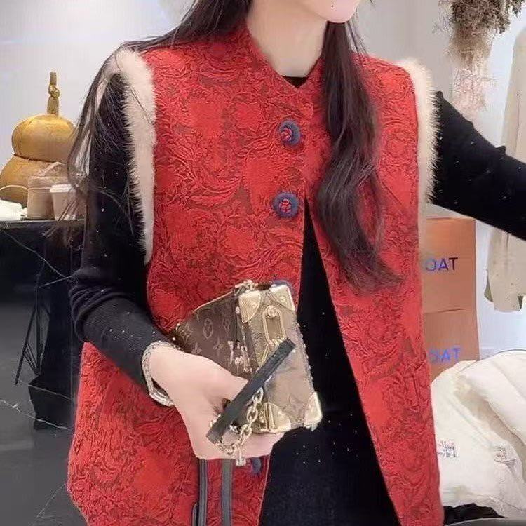 【万事如意】冬季新年红复古浮雕刺绣新中式加厚马甲女