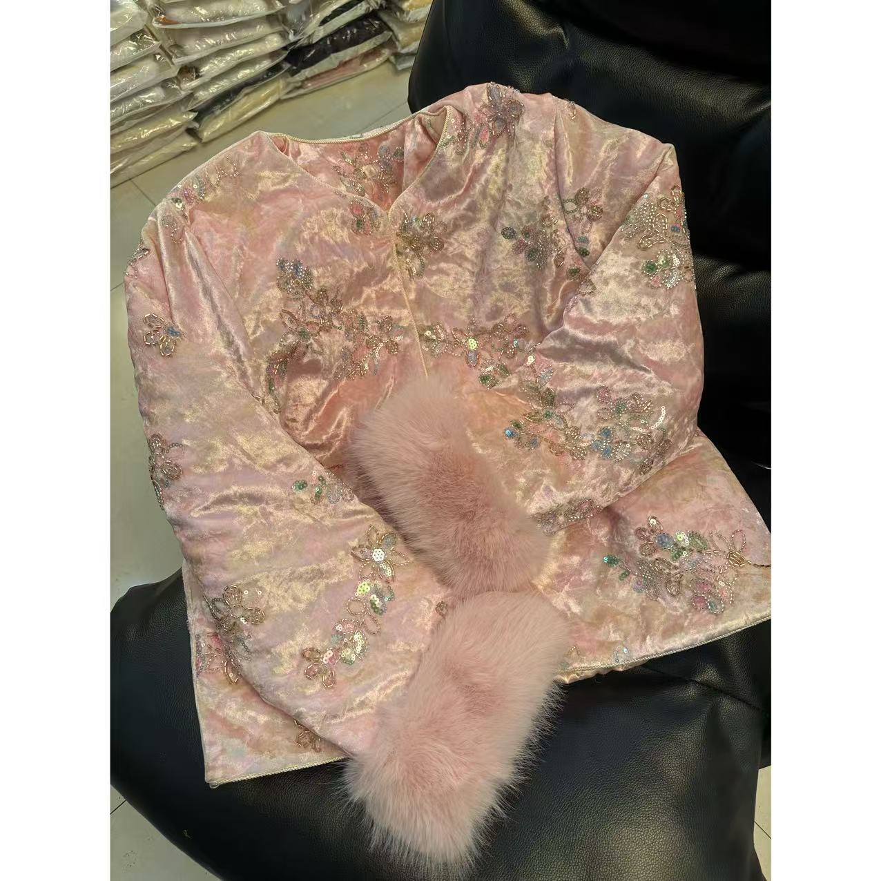 新中式重工串珠女2025年秋冬新款提花刺绣丝绒国风加棉外套棉衣