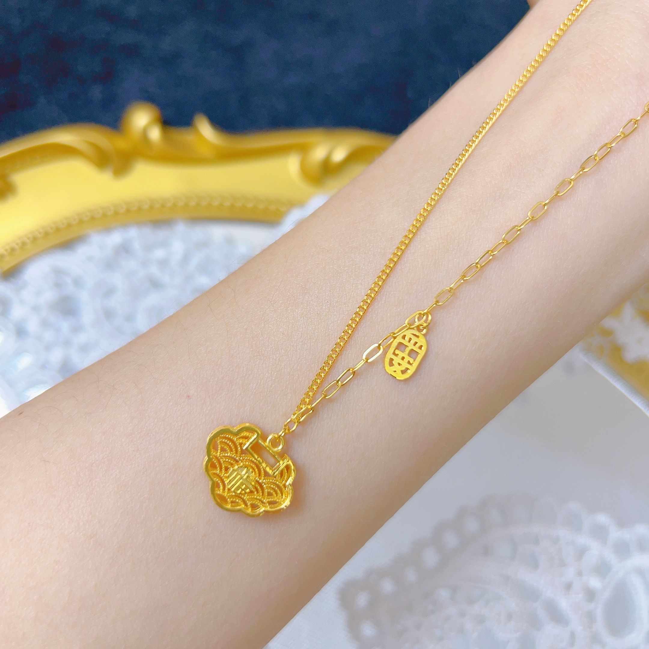 平安锁黄金套链黄金足金999百搭宝宝实心坠链足金黄金项链祥云锁