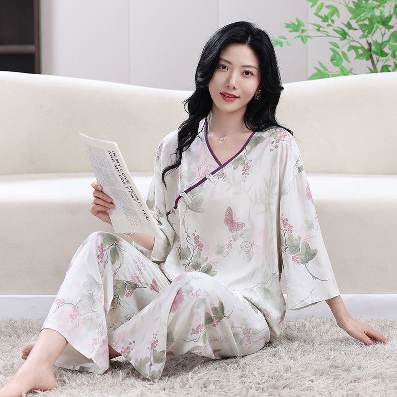 春秋新品女式棉绸睡衣套装人造棉居服款式舒适睡衣睡裤