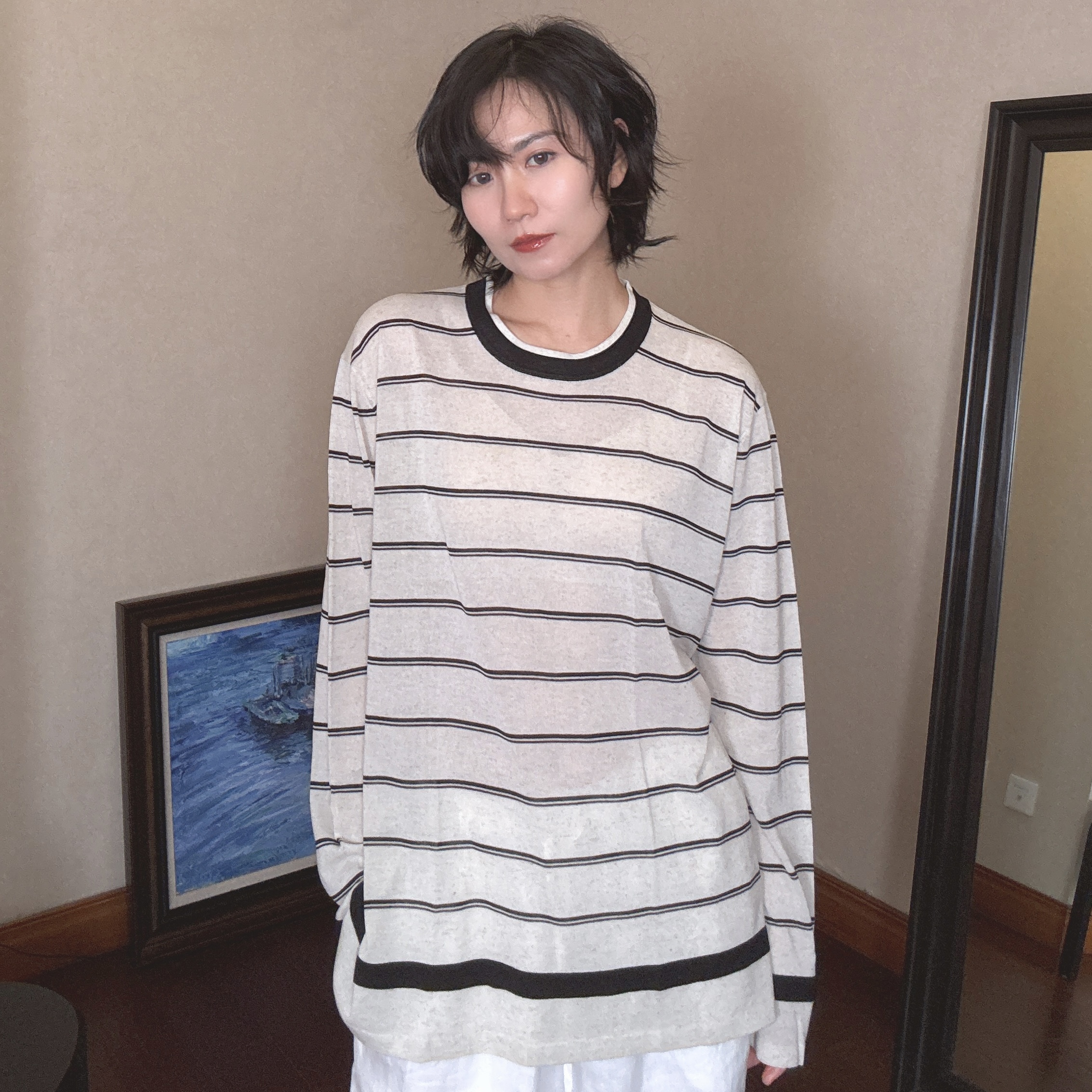 【期许】设计师高级定制  亚麻天丝 长袖 宽松 条纹针织衫