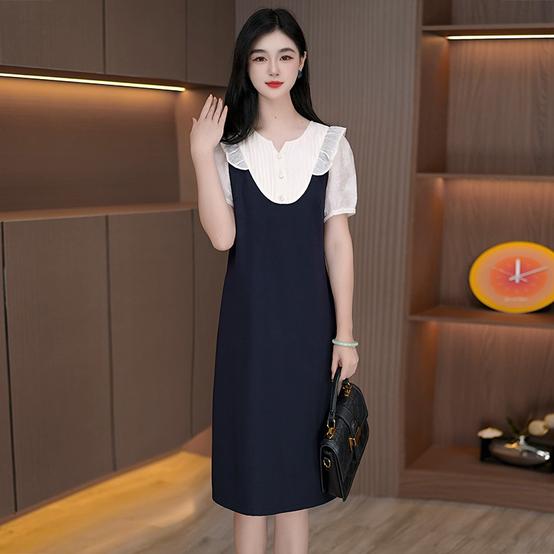 连衣裙新款洋气拼色木耳边设计感中长款裙子女优雅显瘦裙