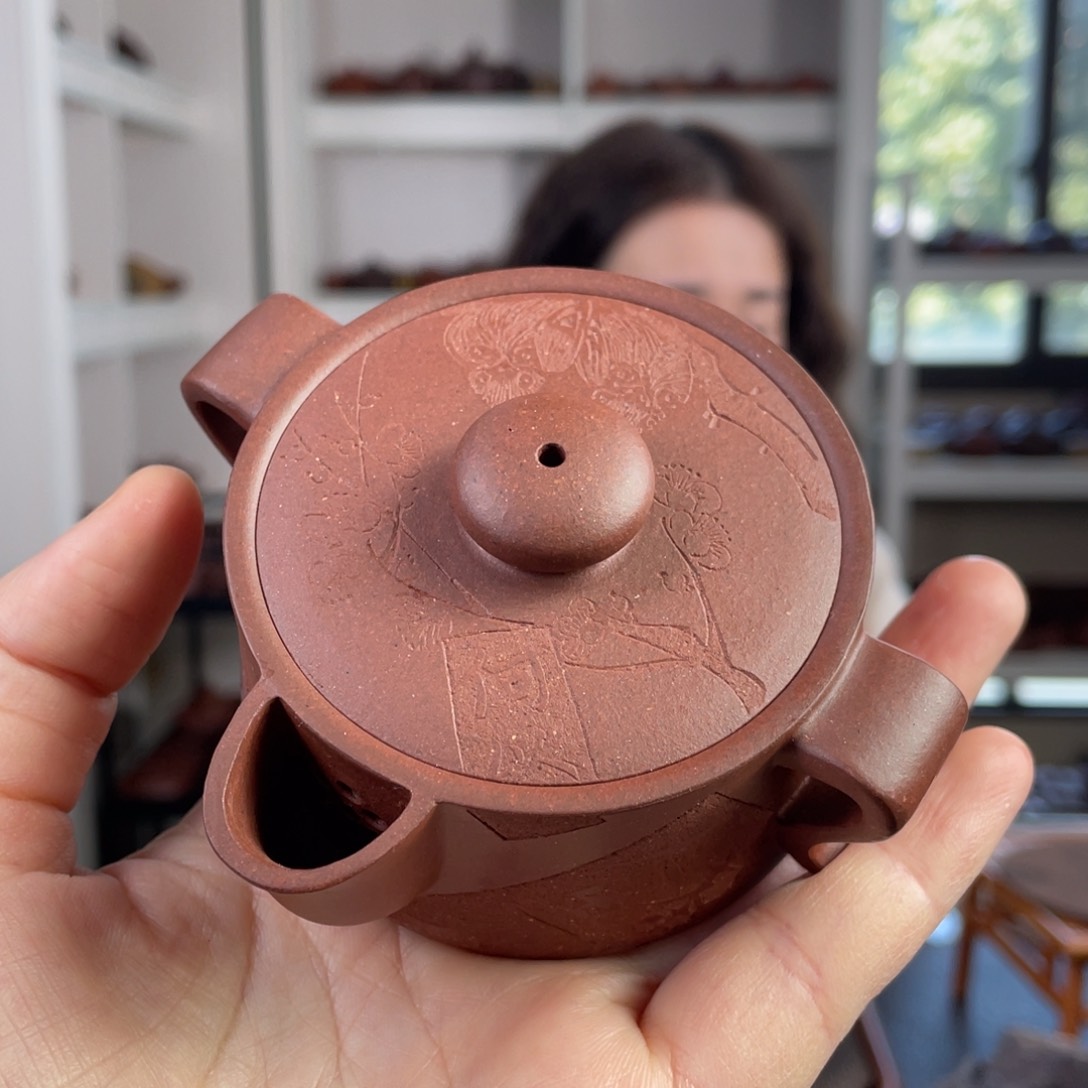 紫砂茶壶底槽清刻绘手抓壶125cc