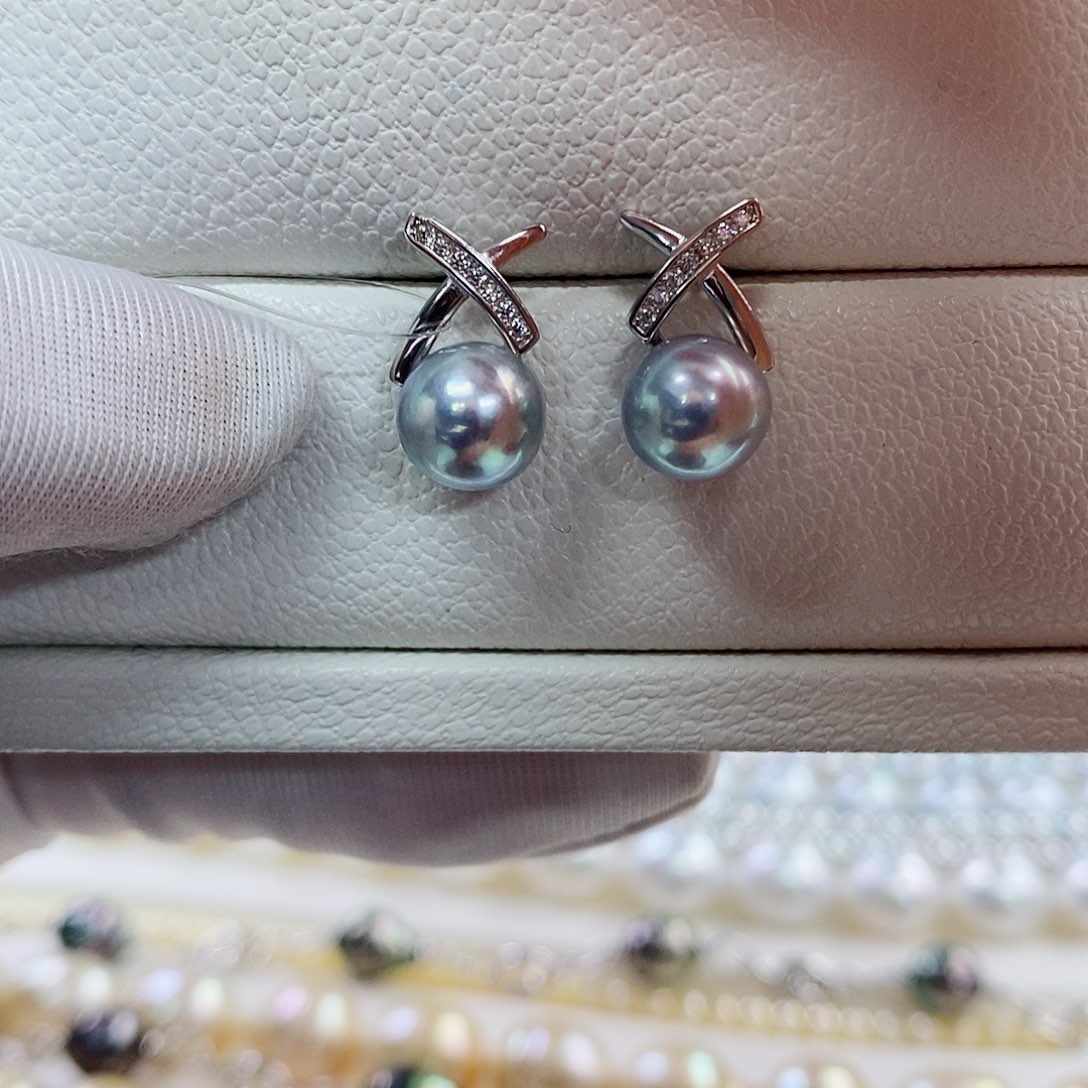 银S925镶嵌耳饰海水珍珠8-9