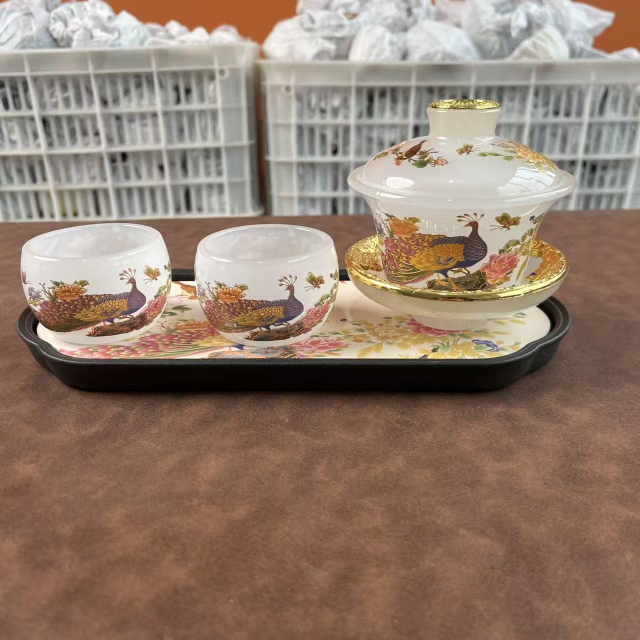 XXYPO001A孔雀琉璃盖碗一盖碗二杯加厚耐热手工高档主人杯礼盒装