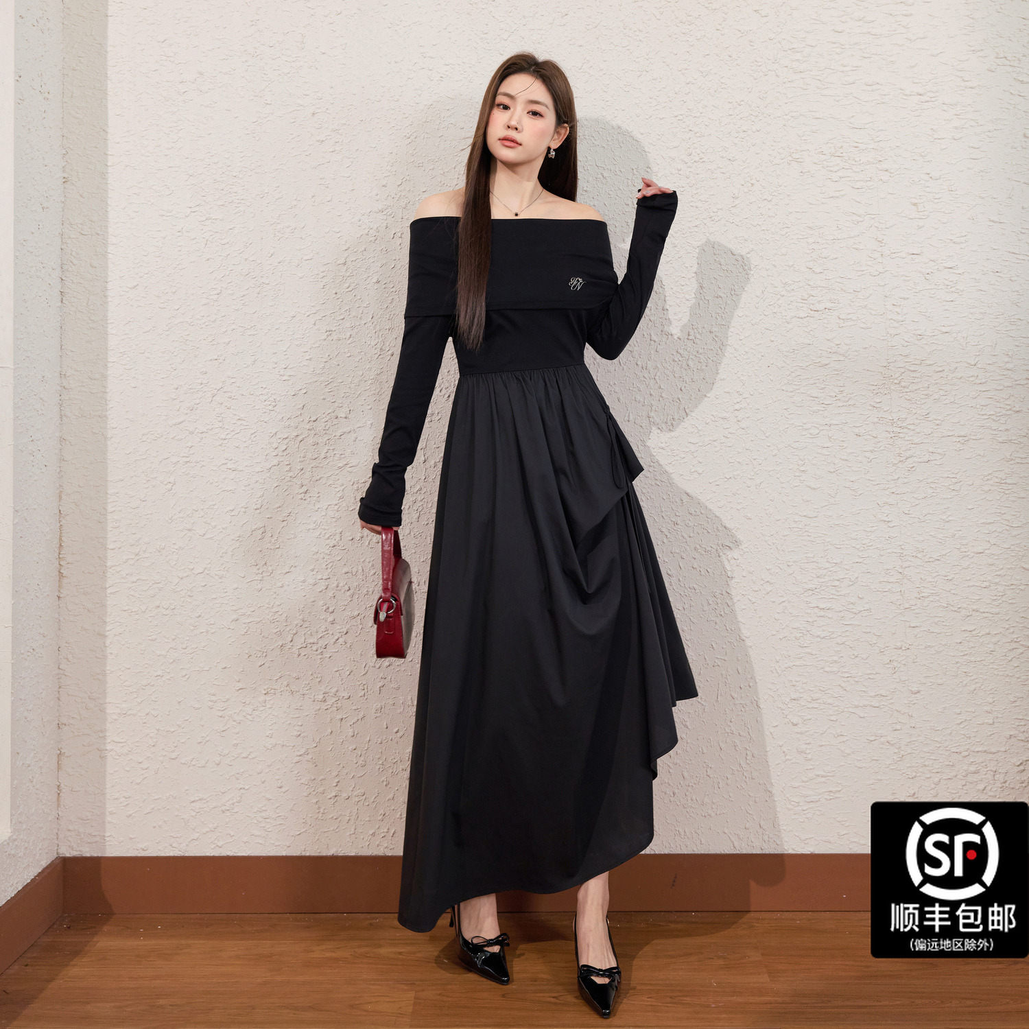 蓝语大码女装气质一字肩高腰藏肉显瘦连衣裙夏季收腰黑色a字裙