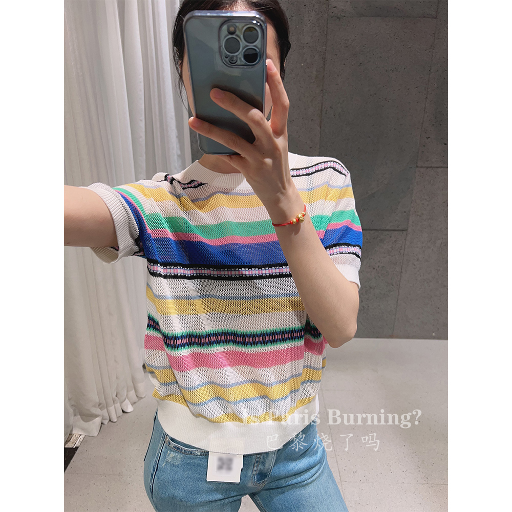 特！版衣 圆领撞色条纹短袖针织衫  款号YP9508