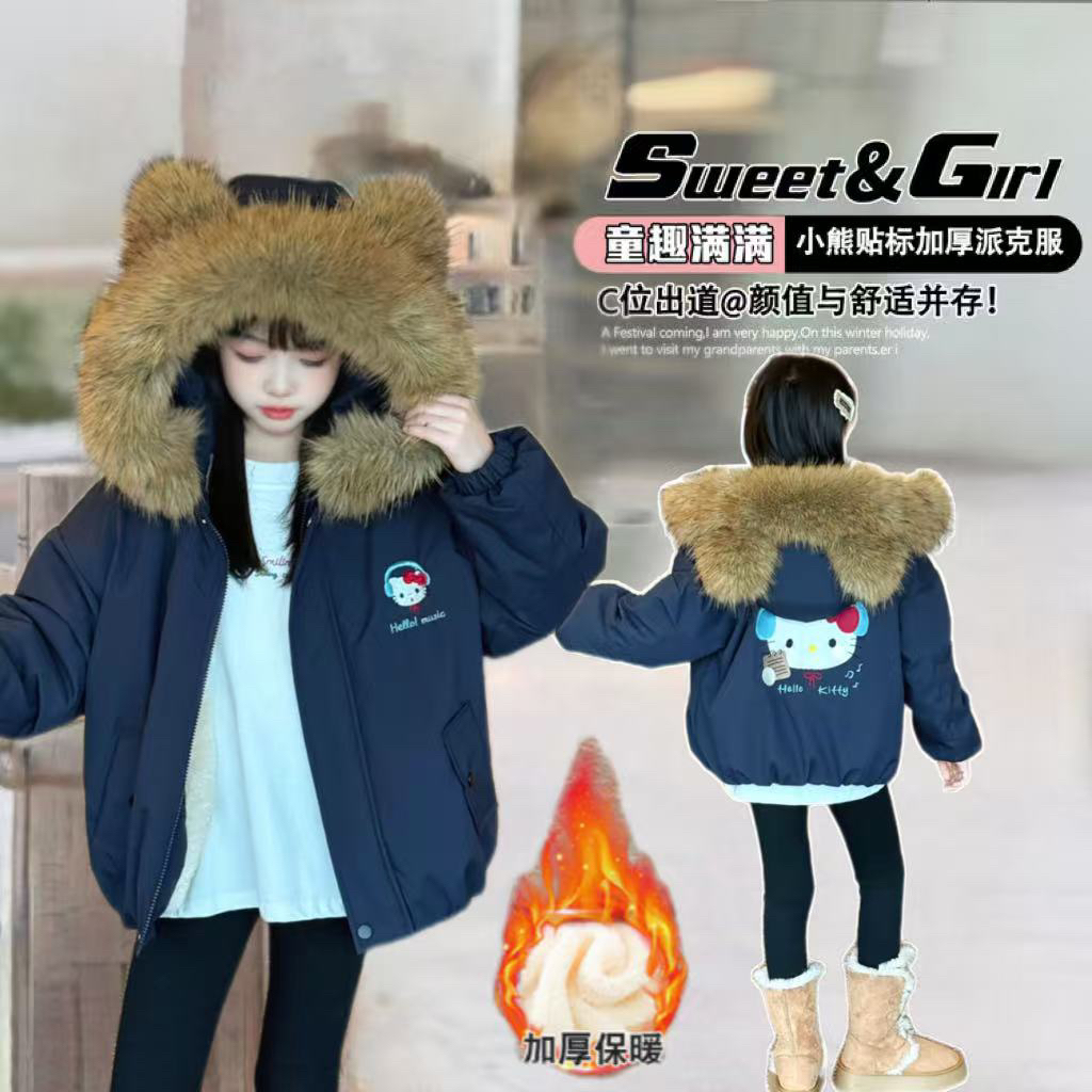 （过冬加绒加厚）女童2025冬季新款中大童洋气大毛领kt猫保暖派克服