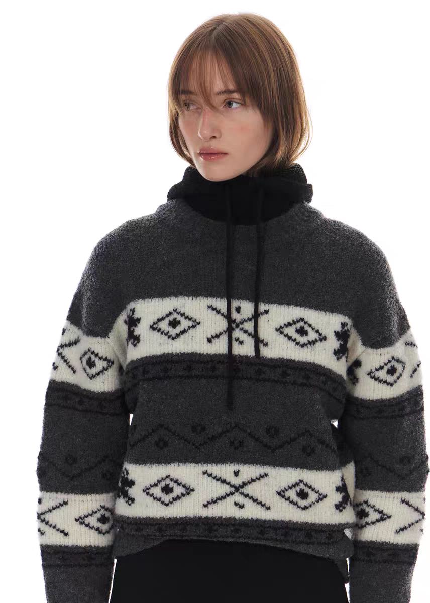 bee-7281-复古风拼色提花圆领羊毛针织套头毛衣【衣长59】