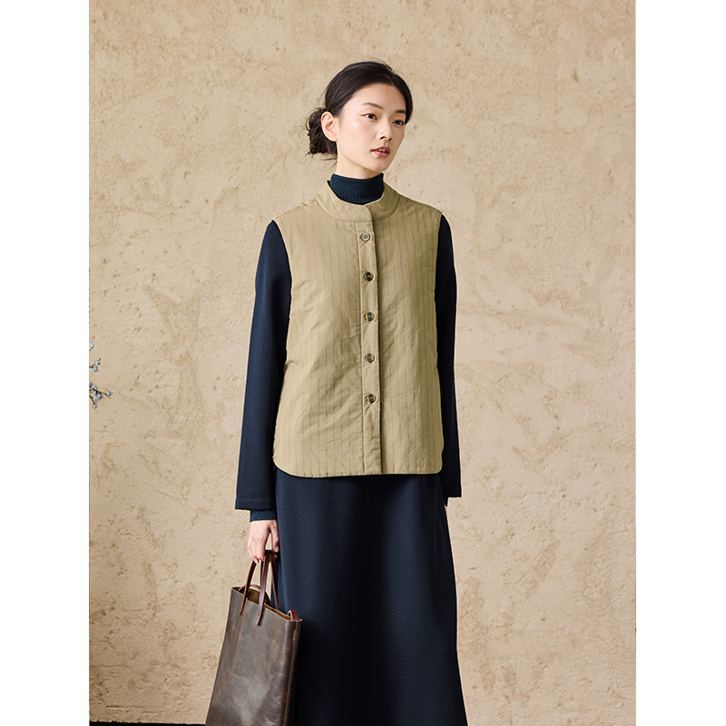 Q.TU马甲叠穿秋冬款精棉色织条纹提花4363羊毛夹层立领新中式高级