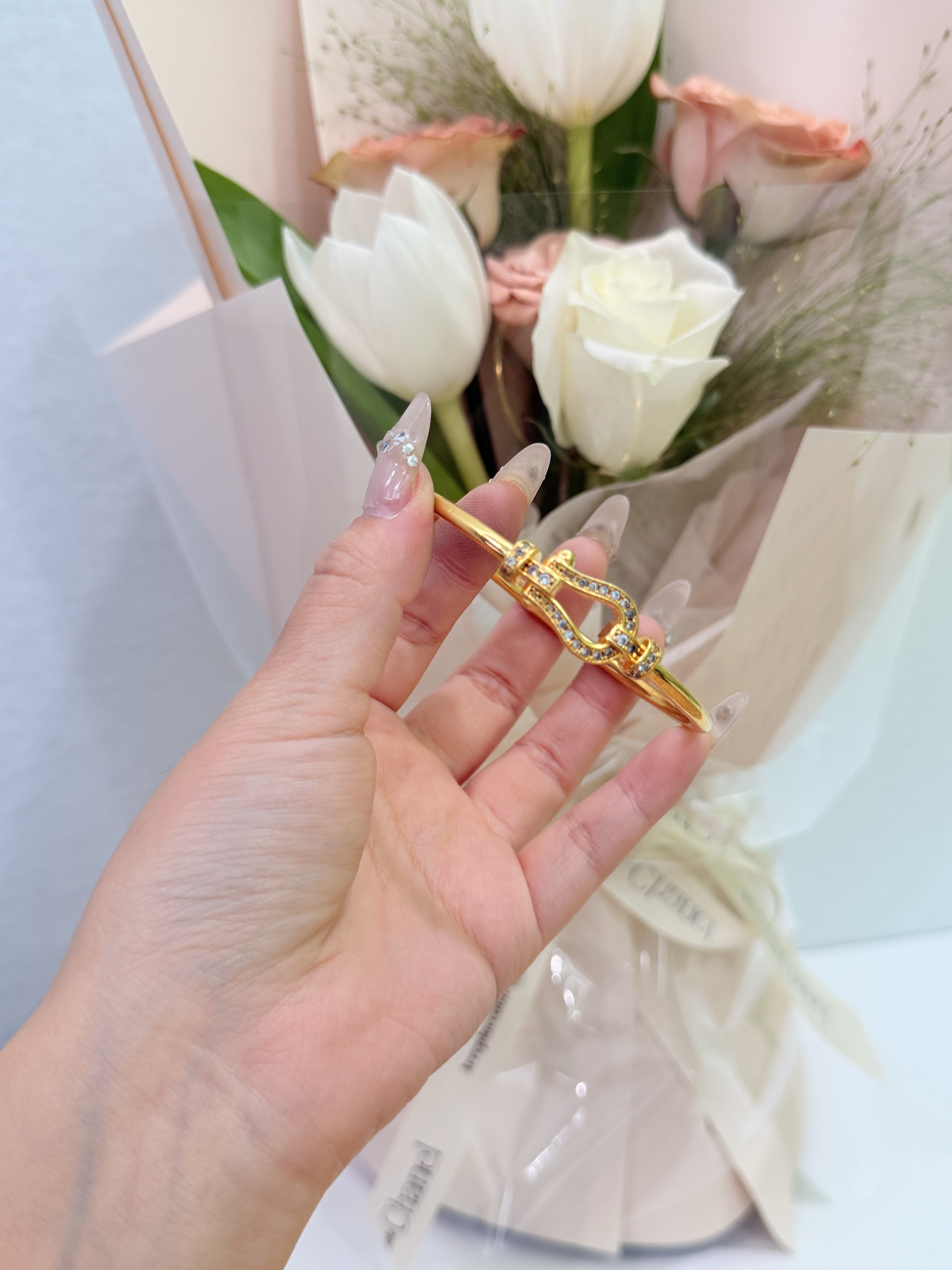 足银手镯 金加银首饰 镶钻马蹄手镯