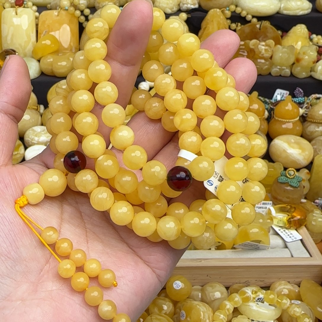 蜜蜡项链未镶嵌天然俄料鸡油黄蜜蜡108佛珠项链