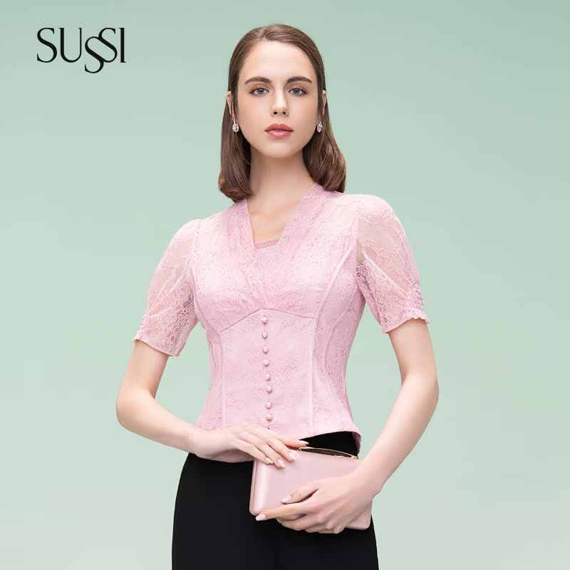 SUSSI/古色24夏商场同款粉色百搭款优雅通勤修身上衣女装